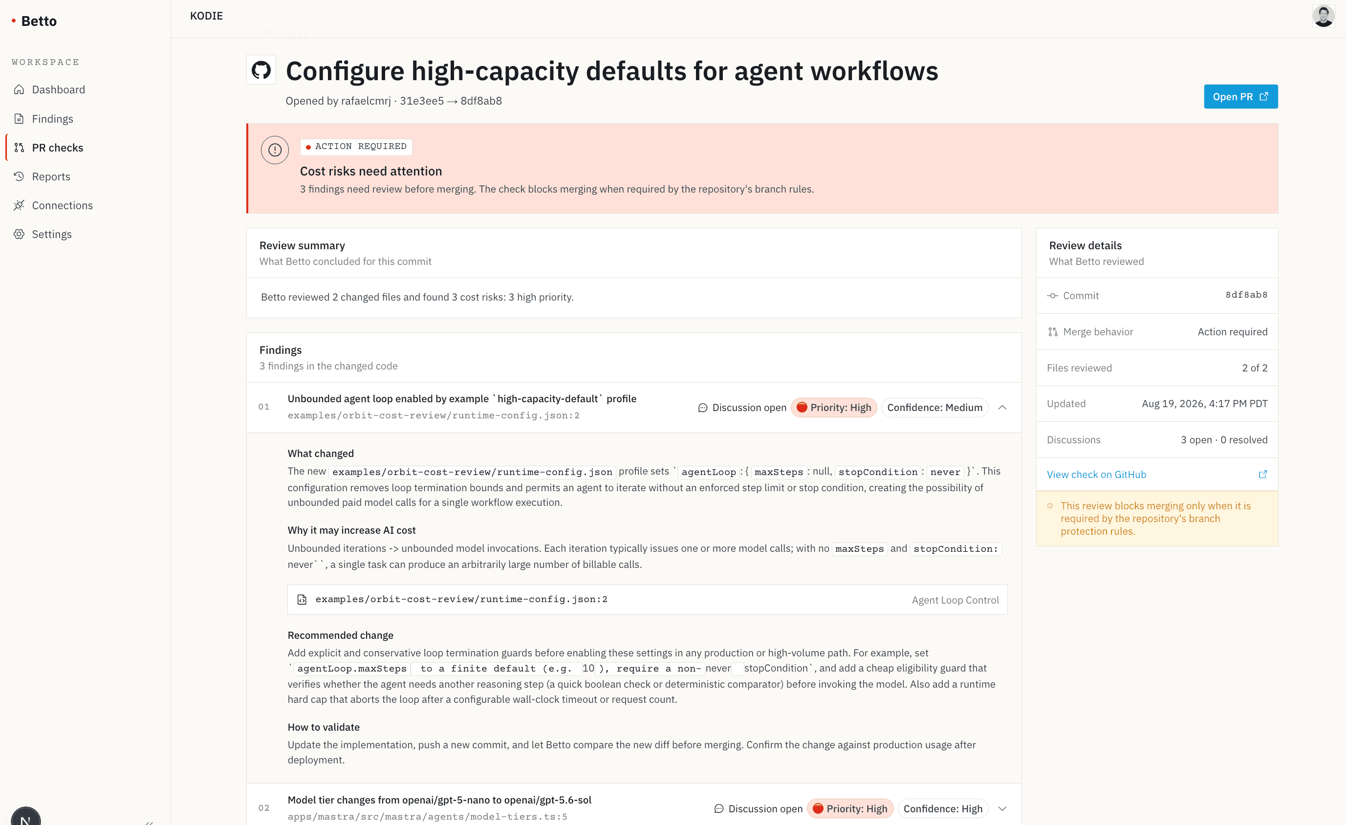 Betto PR check for a commit configuring high-capacity defaults for agent workflows: three high-priority cost risks in the changed code.